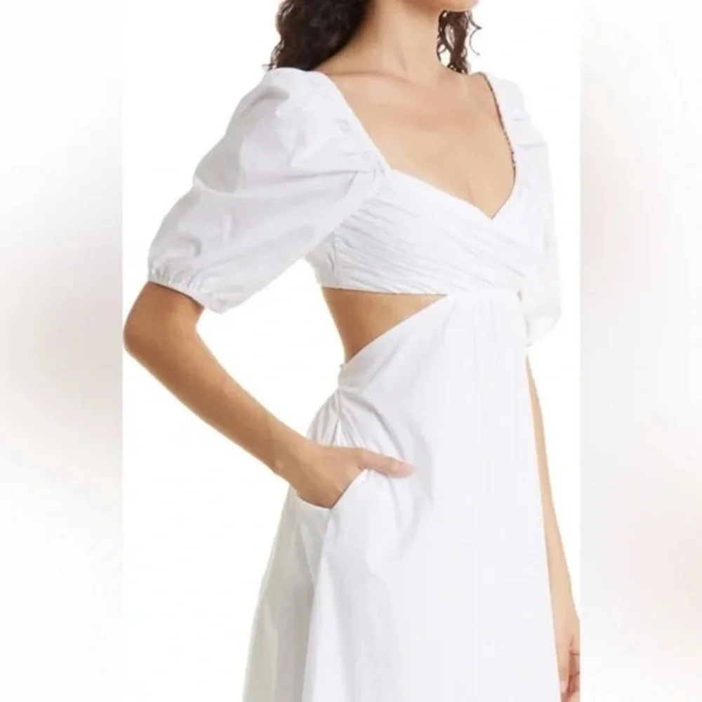 NWT Staud Carina Cut Out Puff Sleeves Midi Dress Size XL White Romantic Feminine - Picture 8 of 15